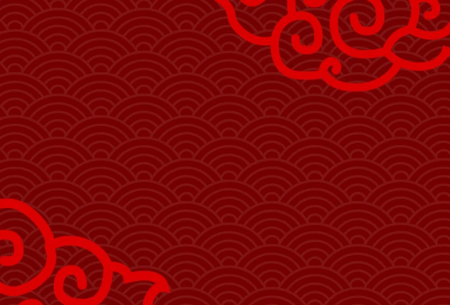 Padrão seigaiha e nuvens estilizadas em vermelho.